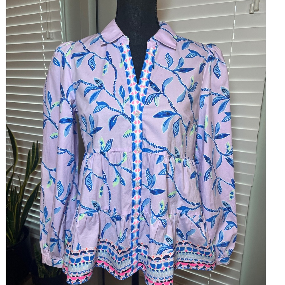 Lilly Pulitzer Kenna Top Small Purple Iris Floral Peplum Resort Preppy Blouse - Picture 2 of 11